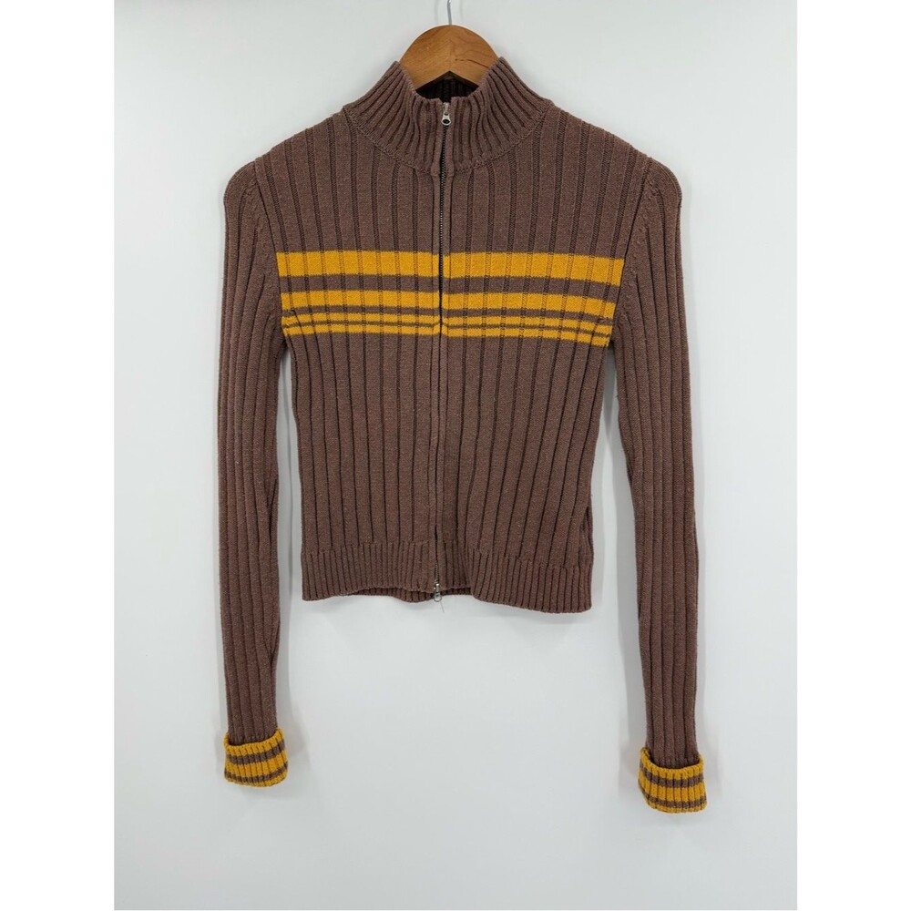 Urban Outfitters BDG Ribbed Zip Front Sweater | Brown / Mustard Stripe | Small